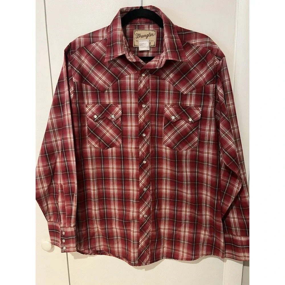 Wrangler Shirt Men Large Red Plaid Western Pearl Snap Long Sleeve Lightweight